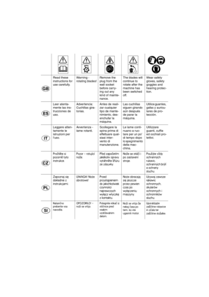 Page 3Read these 
instructions for 
use carefully.War ning - 
rotating blades!Remove the 
plug from the 
wall socket 
before carry-
ing out any 
kind of mainte-
nance.The blades will 
continue to 
rotate after the 
machine has 
been switched 
off.Wear safety 
gloves, safety 
goggles and 
hearing protec-
tion.
Leer atenta-
mente las ins-
trucciones de 
uso.Advertencia: 
Cuchillas gira-
torias.Antes de reali-
zar cualquier 
tipo de mante-
nimiento, des-
enchufar la 
máquina.Las cuchillas 
siguen girando 
aún...