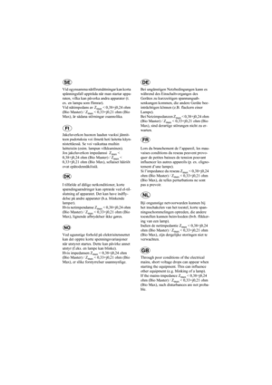 Page 70Vid ogynsamma nätförutsättningar kan korta 
spänningsfall uppträda när man startar appa-
raten, vilka kan påverka andra apparater (t. 
ex. en lampa som flimrar).
Vid nätimpedans av Z
max < 0,38+j0,24 ohm 
(Bio Master) / Z
max < 0,33+j0,21 ohm (Bio 
Max), är sådana störningar osannolika.
Jakeluverkon huonon laadun vuoksi jännit-
teen pudotuksia voi ilmetä heti laitetta käyn-
nistettäessä. Se voi vaikuttaa muihin 
laitteisiin (esim. lampun vilkkuminen).
Jos jakeluverkon impedanssi  Z
max < 
0,38+j0,24 ohm...