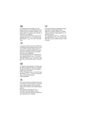 Page 71En condiciones desfavorables de la red, 
pueden producirse cortas fluctuaciones de la 
tensión al poner en marcha el aparato. Esto 
puede influir otros aparatos (por ejemplo, el 
destello de una lámpara).
No cabe esperar tales fallos, si hay una im-
pedancia de la red Z
max < 0,38+j0,24 ohm 
(Bio Master) / Z
max < 0,33+j0,21 ohm (Bio 
Max).
A causa di condizioni sfavorevoli della rete 
di distribuzione dell’energia elettrica si pos-
sono produrre, quando l’apparecchio è ac-
ceso, breve cadute di tensione...