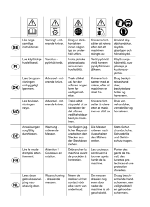 Page 2Läs noga
samtliga
instruktioner.Varning! - rot-
erande knivar.Drag ur stick-
kontakten
innan någon
typ av under-
håll utförs.Knivarna fort-
sätter att rotera
efter det att
maskinen
stängts av.Använd sky-
ddshandskar,
skydds-
glasögon och
hörselskydd.
Lue käyttöohje
huolellisesti.Va r o i t u s -
pyörivät terät.Irrota pistoke
pistorasiasta
aina ennen
huoltotöitä.Terät pyörivät
vielä koneen
pysäyttämisen
jälkeen.Käytä suoja-
käsineitä, suo-
jalaseja ja
kuulonsuo-
jaimia.
Læs brugsan-
visningen
omhyggeligt...