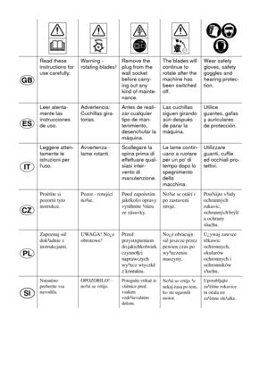 Page 3Read these
instructions for
use carefully.Warning -
rotating blades!Remove the
plug from the
wall socket
before carry-
ing out any
kind of mainte-
nance.The blades will
continue to
rotate after the
machine has
been switched
off.Wear safety
gloves, safety
goggles and
hearing protec-
tion.
Leer atenta-
mente las
instrucciones
de uso.Advertencia:
Cuchillas gira-
torias.Antes de reali-
zar cualquier
tipo de man-
tenimiento,
desenchufar la
máquina.Las cuchillas
siguen girando
aún después
de parar la...