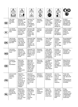 Page 2Läs noga
samtliga
instruktio-
ner.Varning! Håll
åskådare
borta. Se upp
med utkas-
tade föremål.Varning! För
ej in hand
eller fot
underkåpan
då maskinen
är igång.Varning! -
roterande
knivar.Drag ur stick-
kontakten
innan någon
typ av under-
håll utförs.Knivarna
fortsätter att
rotera efter
det att
maskinen
stängts av.Använd
skyddshand-
skar, skydds-
glasögon och
hörselskydd.
Lue käyttö-
ohje huolelli-
sesti.Va r o i t u s ! P i d ä
sivulliset kau-
kana. Varo
sinkoutuvia
esineitä.Va r o i t u s ! Ä l ä...