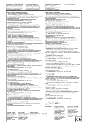 Page 84Denna produkt är i överensstämmelse med
- lågspänningsdirektiv 73/23/EEG, 93/68/EEG
- direktiv 89/336/EEG om elektromagnetisk kompatibilitet 
- maskindirektiv 98/37/EEG med särskilda hänvisningar till direktivets bilaga 1 
om väsentliga hälso- och säkerhetskrav i samband med tillverkning
- ljuddirektiv 2000/14/EG
Maskinen är utvecklad och tillverkad enligt följande standarder: 
- EN 13683, EN 292-2, EN ISO 3744, EN ISO 11201
Tämä tuote täyttää seuraavien direktiivien vaatimukset
- matalajännitedirektiivi...