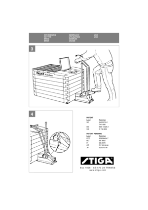 Page 1616
SE
ANVÄNDNING GEBRAUCH USO
KÄYTTÖ UTILISATION USO
BRUG GEBRUIK
BRUK USAGE
3
4
PAT E N T
LandNummerSE 9400272-2
741 680
DE 695 10326.1
US 5 746 802
PATENT PENDING
Land
NummerEPC 95908404.7
NO 96 3082
FI 96 2970
CZ PV 2219-96
JP 520010 95
Box 1006 · SE-573 28 TRANÅS
www.stiga.com 