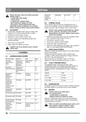 Page 5050
 ČEŠTINACS
Pokud sníh ucpe vyhazovací komín, pøed jeho 
èištìním nejprve: 
- uvolnìte páky obou spojek, 
- vypnìte motor, 
- ze zapalování vytáhnìte klíèek, 
- kabel zapalování odpojte od svíèky. 
- do prostoru vyhazovacího komína nebo 
nabíracího šroubu nevkládejte ruce; Použijte 
dodaný nástroj na čištění vyhazovacího komínu..
5.9 PO POUŽITÍ
1.  Zkontrolujte, zda některé díly nejsou uvolněny nebo 
poškozeny. Je-li třeba, poškozené díly vyměňte.
2. Utáhněte povolené šrouby a matice.
3. Kartáčem ze...