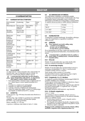 Page 6161
 MAGYARHU
6 KARBANTARTÁS
6.1 KARBANTARTÁSI ÜTEMTERV
6.2 OLAJCSERE
Az olajat először 2 órányi üzemelés után, majd minden 50 
üzemóra után, vagy évszakonként egyszer cserélje. Az 
olajcserét a motor meleg állapota mellett végezze.
A motorolaj igen meleg lehet, ha közvetlenül a 
motor kikapcsolása után üríti le. Az olaj leürítse 
előtt hagyja a motort néhány percig hűlni.
1.  Kissé döntse jobbra a hómarót, hogy az olajleeresztő (14 
az 1. ábrán) legyen a motor legalacsonyabban lévő 
pontja.
2.  Csavarja...