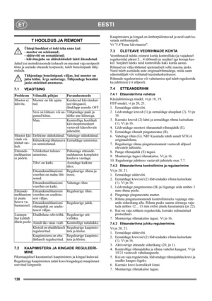 Page 138138
EESTIET
7 HOOLDUS JA REMONT
Ühtegi hooldust ei tohi teha enne kui: 
- mootor on seiskunud; 
- süütevõti on eemaldatud; 
- käivitusjuhe on süüteküünlalt lahti ühendatud.
Juhul kui instruktsioonide kohaselt on masinat vaja eestpoolt 
tõsta ja asetada etteande korpusele, tuleb bensiinipaak tühj-
endada.
Tühjendage bensiinipaak väljas, kui mootor on 
juba külm. Ärge suitsetage. Tühjendage bensiini 
jaoks mõeldud anumasse.
7.1 VEAOTSING
7.2 KAAPIMISTERA JA KINGADE REGULEERI-
MINE
Pikemaajalisel...