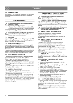 Page 7070
ITALIANOIT
6.3 CARBURATORE
Il carburatore è pre-regolato dal produttore. Se è necessario 
eseguire regolazioni, contattare un centro di assistenza 
autorizzato. 
7 INGRASSAGGIO
Prima di qualsiasi intervento di manutenzione: 
Spegnere il motore. 
Estrarre la chiave di accensione. 
- Staccare il cavo di alimentazione dalla candela.
Se le istruzioni specificano che è necessario inclinare 
lo spazzaneve in avanti e adagiarlo sulla sede della coclea, 
svuotare il serbatoio della benzina.
Svuotare il...