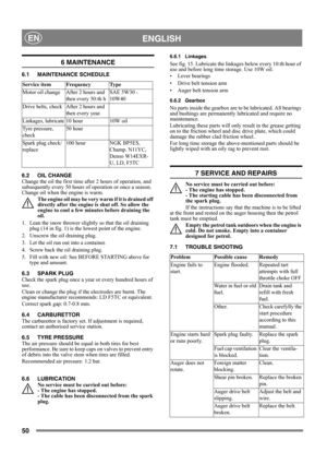 Page 5050
 ENGLISHEN
6 MAINTENANCE
6.1 MAINTENANCE SCHEDULE
6.2 OIL CHANGE
Change the oil the first time after 2 hours of operation, and 
subsequently every 50 hours of operation or once a season. 
Change oil when the engine is warm.
The engine oil may be very warm if it is drained off 
directly after the engine is shut off. So allow the 
engine to cool a few minutes before draining the 
oil.
1.  Lean the snow thrower slightly so that the oil draining 
plug (14 in fig. 1) is the lowest point of the engine.
2....