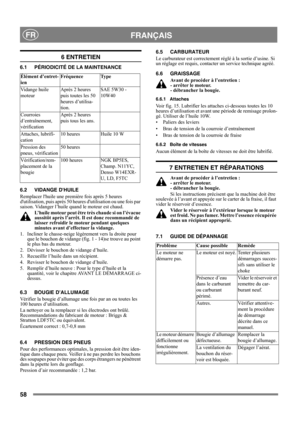 Page 5858
 FRANÇAISFR
6 ENTRETIEN
6.1 PÉRIODICITÉ DE LA MAINTENANCE
6.2 VIDANGE DHUILE
Remplacer lhuile une première fois après 5 heures 
dutilisation, puis après 50 heures dutilisation ou une fois par 
saison. Vidanger l’huile quand le moteur est chaud.
L’huile moteur peut être très chaude si on l’évacue 
aussitôt après l’arrêt. Il est donc recommandé de 
laisser refroidir le moteur pendant quelques 
minutes avant d’effectuer la vidange.
1.  Incliner le chasse-neige légèrement vers la droite pour 
que le...