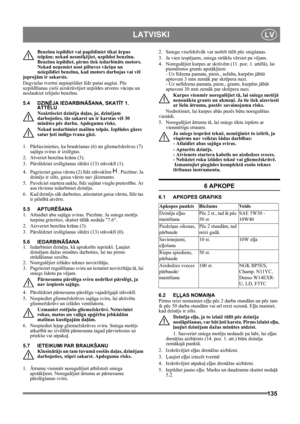 Page 135135
 LATVISKILV
Benzīnu iepildiet vai papildiniet tikai ārpus 
telpām; nekad nesmēķējiet, uzpildot benzīnu. 
Benzīnu iepildiet, pirms tiek iedarbināts motors. 
Nekad neņemiet nost piltuves vāciņu un 
neiepildiet benzīnu, kad motors darbojas vai vēl 
joprojām ir sakarsis.
Degvielas tvertni nepiepildiet līdz pašai augšai. Pēc 
uzpildīšanas cieši aizskrūvējiet uzpildes atveres vāciņu un 
noslaukiet izlijušo benzīnu. 
5.4 DZINĒJA IEDARBINĀŠANA, SKATĪT 1. 
ATTĒLU
Neaiztieciet dzinēja daļas, jo, dzinējam...