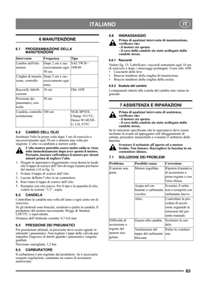 Page 6363
 ITALIANO IT
6 MANUTENZIONE
6.1 PROGRAMMAZIONE DELLA 
MANUTENZIONE
6.2 CAMBIO DELL’OLIO
Sostituire lolio la prima volta dopo 5 ore di esercizio e 
successivamente ogni 50 ore o almeno una volta per 
stagione. L’olio va cambiato a motore caldo.
L’olio motore potrebbe essere molto caldo se viene 
tolto immediatamente dopo aver spento il motore. 
Pertanto, lasciare raffreddare il motore per alcuni 
minuti prima di togliere l’olio.
1.  Piegare lo spazzaneve leggermente verso destra in modo 
che il tappo...