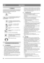 Page 3434
DEUTSCHDE
1  SYMBOLE
An der Maschine gibt es folgende Symbole, um den Bediener 
darauf hinzuweisen, dass bei der Benutzung der Maschine 
Vorsicht und Aufmerksamkeit geboten sind. 
Bedeutung der Symbole:
Warnung.
Vor einer Benutzung der Maschine muss 
die Gebrauchsanleitung gelesen und 
verstanden werden.
Vor Wartungs- oder Reparaturarbeiten, 
das Zündkabel abnehmen und die Anwei-
sungen lesen.
Lebensgefahr – rotierendes Gebläse.
Lebensgefahr – rotierende Schnee-
schraube.
Keine Hände in die...