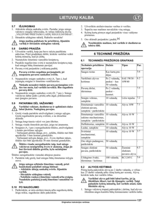 Page 137137
LIETUVIŲ KALBALT
Originalios instrukcijos vertimas
5.7 IŠJUNGIMAS
1. Atleiskite abiejų sankabų svirtis. Pastaba: jeigu sniego 
valytuvo sraigtas tebesisuka, žr. toliau išdėstytą skyrių 
„VALDYMO PRIETAISO LAIDŲ REGULIAVIMAS“.
2. Ištraukite uždegimo raktelį. Raktelio nesukite!
Jeigu mašiną paliekate be priežiūros, išjunkite 
variklį ir ištraukite uždegimo raktelį. 
5.8 DARBO PRADŽIA
1. Užveskite variklį, kaip jau buvo rašyta paaiškinta 
anksčiau. Prieš pradėdami dirbti, leiskite varikliui veikti...