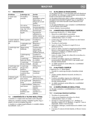Page 105105
MAGYARHU
7.1 HIBAKERESÉS
7.2 A MARÓKÉS ÉS A TALPAK BEÁLLÍTÁSA
A marókés és a talpak tartós használat esetén elkopnak.
Állítsa be a marókést (mindig a talpakkal együtt), hogy a 
talajtól a kívánt távolságban legyenek.
A marókés és a talpak megfordíthatók, és mindkét oldalon 
használhatók. Lásd „5.7”.7.3 ÁLTALÁBAN AZ ÉKSZÍJAKRÓL
Az ékszíjakat először 2–4 óra használat után kell ellenőrizni 
(és beállítani, ha szükséges), majd minden szezon derekán. 
Ezután évente kétszer kell ellenőrizni.
Az ékszíjakat...
