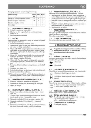 Page 109109
SLOVENSKOSL
Poleg tega prejmete še naslednji pribor/orodja:
3.2 ODSTRANITEV EMBALAŽE
1.  Iz škatle vzemite vse loèene dele.
2. Odrežite vse štiri vogale škatle in pustite, da stranice 
padejo na tla.
3.  Frezo odmaknite s kartona.
3.3 ROČAJ
Za sestavljanje sta potrebni dve osebi, saj je treba ročaj med 
sestavljanjem pridrževati.
1.  Postavite snežno frezo na snežni vijak.
2. Sprostite obe kolesi na oseh in ju pomaknite približno 10 
cm vstran od ohišja snežne freze.
3. Glejte sl. 3. Držite ročaj...