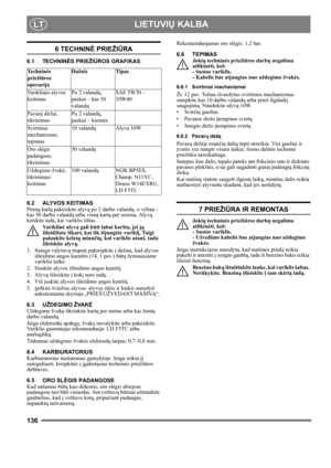 Page 136136
 LIETUVIŲ KALBALT
6 TECHNINĖ PRIEŽIŪRA
6.1 TECHNINĖS PRIEŽIŪROS GRAFIKAS
6.2 ALYVOS KEITIMAS
Pirmą kartą pakeiskite alyvą po 2 darbo valandų, o vėliau – 
kas 50 darbo valandų arba vieną kartą per sezoną. Alyvą 
keiskite tada, kai variklis šiltas.
Va r i k l i nė alyva gali būti labai karšta, jei ją 
išleidžiate iškart, kai tik išjungėte variklį. Taigi 
palaukite keletą minučių, kol variklis atauš, tada 
išleiskite alyvą.
1. Sniego valytuvą truputį pakreipkite į dešinę, kad alyvos 
išleidimo angos...