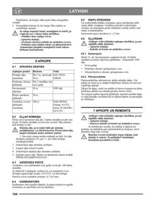 Page 144144
 LATVISKILV
Nodrošiniet, lai kurpes abās pusēs būtu noregulētas 
vienādi.
5. Noregulējiet ātrumu tā, lai sniegs tiktu izpūsts ar 
vienmērīgu straumi.
Ja sniegs iesprūst teknē, nemēģiniet to iztīrīt, ja 
vispirms nav veiktas šādas darbības: 
- Atlaidiet abas sajūga sviras. 
- Apturēts dzinējs. 
- Atvienots startera kabelis no aizdedzes sveces. 
- Nebāziet roku izlādes teknē vai gliemežskrūvē. 
 Izmantojiet piegādes komplektā esošo teknes 
tīrīšanas instrumentu.
6 APKOPE
6.1 APKOPES GRAFIKS
6.2 EĻĻAS...