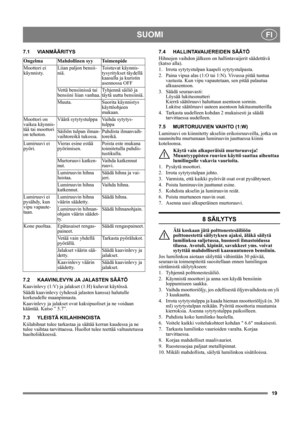 Page 1919
SUOMIFI
7.1 VIANMÄÄRITYS
7.2 KAAVINLEVYN JA JALASTEN SÄÄTÖ
Kaavinlevy (1:V) ja jalakset (1:H) kuluvat käytössä.
Säädä kaavinlevy (yhdessä jalasten kanssa) halutulle 
korkeudelle maanpinnasta.
Kaavinlevy ja jalakset ovat kaksipuoliset ja ne voidaan 
kääntää. Katso ” 5.7”.
7.3 YLEISTÄ KIILAHIHNOISTA
Kiilahihnat tulee tarkastaa ja säätää kerran kaudessa ja ne 
tulee vaihtaa tarvittaessa. Huollot tulee teettää valtuutetussa 
huoltoliikkeessä.7.4 HALLINTAVAIJEREIDEN SÄÄTÖ
Hihnojen vaihdon jälkeen on...