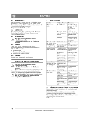 Page 4042
DEUTSCHDE
Übersetzung der Originalbetriebsanleitung
6.4 REIFENDRUCK
Für eine optimale Leistung muss der Luftdruck in beiden 
Reifen gleich sein. Kontrollieren, ob die Ventile gegen 
Verunreinigungen geschützt sind. Dazu sicherstellen, ob die 
Schutzabdeckungen angebracht sind. 
Empfohlener Reifendruck: 1,2 Bar.
6.5 VERGASER
Der Vergaser ist ab Werk korrekt eingestellt. Wenn eine 
Justierung erforderlich ist, bitte an eine autorisierte 
Servicewerkstatt wenden. 
6.6 SCHMIERUNG
Vor allen...