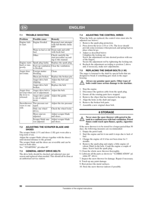 Page 4850
ENGLISHEN
Translation of the original instructions
7.1 TROUBLE SHOOTING
7.2 ADJUSTING THE SCRAPER BLADE AND 
SHOES
The scraper blade (1:V) and shoes (1:H) gets worn after a 
long term of use.
Adjust the scraper blade (always together with the shoes) 
until desired distance to the ground.
The scraper blade and the shoes are reversible and can be 
used on both sides.
See ”“STARTING” på sidan 48”.
7.3 GENERAL ABOUT DRIVE BELTS
The drive belts should be checked and adjusted once per 
season and replaced...