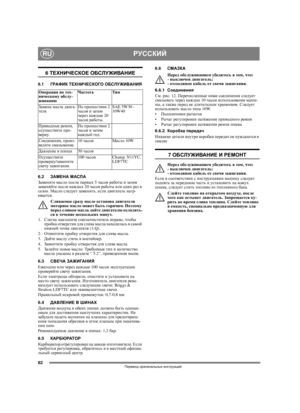 Page 8082
РУССКИЙRU
Перевод оригинальных инструкций
6 ТЕХНИЧЕСКОЕ ОБСЛУЖИВАНИЕ
6.1ГРАФИ К ТЕХНИЧЕСКОГО ОБСЛУЖИВАНИЯ
6.2ЗАМЕНА МАСЛА
Замените масло после первых 5 часов работы и затем 
заменяйте по сле каждых 20 часов работы или один раз в 
сезон. Масло следует заменить, если двигатель нагр-
евается.
Сливаемое сразу после останова двигателя 
моторное масло может быть горячим. Поэтому 
перед сливом масла дайте двигателю охладить-
ся в течение нескольких минут.
1. Слегка 
наклоните снегоочиститель вправо, чтобы...