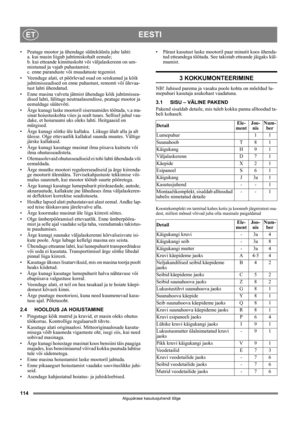 Page 114114
EESTIET
Algupärase kasutusjuhendi tõlge
• Peatage mootor ja ühendage süüteküünla juhe lahti: 
a. kui masin liigub juhtimiskohalt eemale; 
b. kui etteande kinnituskoht või väljalaskerenn on um-
mistunud ja vajab puhastamist; 
c. enne paranduste või muudatuste tegemist.
• Veenduge alati, et pöörlevad osad on seiskunud ja kõik 
juhtimisseadised on enne puhastust, remonti või ülevaa-
tust lahti ühendatud.
• Enne masina valveta jätmist ühendage kõik juhtimissea-
dised lahti, lülitage neutraalasendisse,...