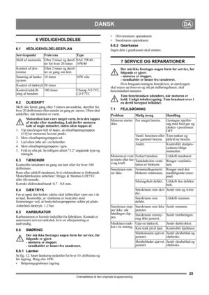 Page 2525
DANSKDA
Oversættelse af den originale brugsanvisning
6 VEDLIGEHOLDELSE
6.1 VEDLIGEHOLDELSESPLAN
6.2 OLIESKIFT
Skift olie første gang efter 5 timers anvendelse, derefter for 
hver 20 driftstimer eller mindst en gang pr. sæson. Olien skal 
udskiftes, når motoren er varm.
Motorolien kan være meget varm, hvis den tappes 
af straks efter standsning. Lad derfor motoren 
køle af nogle minutter, inden olien tappes af.
1.  Vip sneslyngen lidt til højre, så olieaftapningstappen 
(1:Q) er motorens laveste...