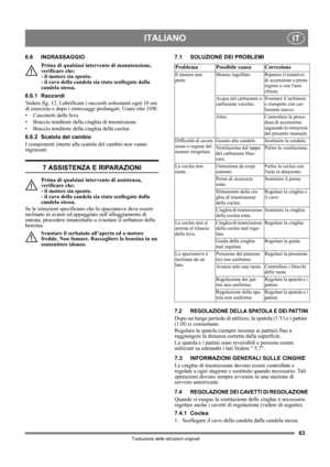 Page 6363
ITALIANOIT
Traduzione delle istruzioni originali
6.6 INGRASSAGGIO
Prima di qualsiasi intervento di manutenzione, 
verificare che: 
- il motore sia spento. 
- il cavo della candela sia stato scollegato dalla 
candela stessa.
6.6.1 Raccordi
Vedere fig. 12. Lubrificare i raccordi sottostanti ogni 10 ore 
di esercizio e dopo i rimessaggi prolungati. Usare olio 10W.
• Cuscinetti delle leve
• Braccio tenditore della cinghia di trasmissione
• Braccio tenditore della cinghia della coclea
6.6.2 Scatola del...