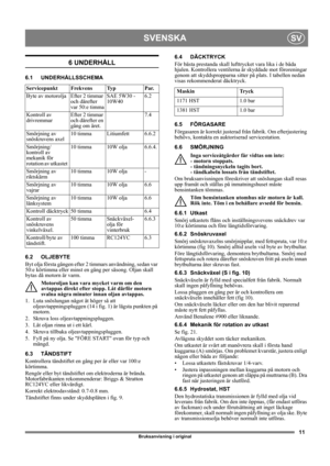 Page 1111
SVENSKASV
Bruksanvisning i original
6 UNDERHÅLL
6.1 UNDERHÅLLSSCHEMA
6.2 OLJEBYTE
Byt olja första gången efter 2 timmars användning, sedan var 
50:e körtimma eller minst en gång per säsong. Oljan skall 
bytas då motorn är varm.
Motoroljan kan vara mycket varm om den 
avtappas direkt efter stopp. Låt därför motorn 
svalna några minuter innan oljan avtappas.
1.  Luta snöslungan något åt höger så att 
oljeavtappningspluggen (14 i fig. 1) är lägsta punkten på 
motorn.
2. Skruva loss...