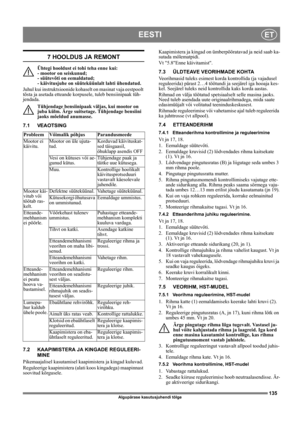 Page 135135
EESTIET
Algupärase kasutusjuhendi tõlge
7 HOOLDUS JA REMONT
Ühtegi hooldust ei tohi teha enne kui: 
- mootor on seiskunud; 
- süütevõti on eemaldatud; 
- käivitusjuhe on süüteküünlalt lahti ühendatud.
Juhul kui instruktsioonide kohaselt on masinat vaja eestpoolt 
tõsta ja asetada etteande korpusele, tuleb bensiinipaak tüh-
jendada.
Tühjendage bensiinipaak väljas, kui mootor on 
juba külm. Ärge suitsetage. Tühjendage bensiini 
jaoks mõeldud anumasse.
7.1 VEAOTSING
7.2 KAAPIMISTERA JA KINGADE...