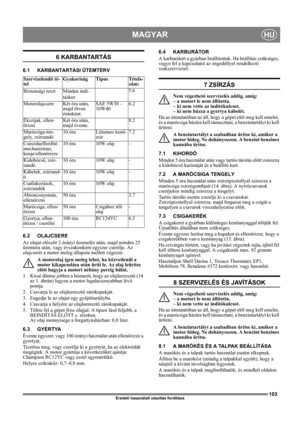 Page 103103
MAGYARHU
Eredeti használati utasítás fordítása
6 KARBANTARTÁS
6.1 KARBANTARTÁSI ÜTEMTERV
6.2 OLAJCSERE
Az olajat először 2 órányi üzemelés után, majd minden 25 
üzemóra után, vagy évszakonként egyszer cserélje. Az 
olajcserét a motor meleg állapota mellett végezze.
A motorolaj igen meleg lehet, ha közvetlenül a 
motor kikapcsolása után üríti le. Az olaj leürítse 
előtt hagyja a motort néhány percig hűlni.
1.  Kissé döntse jobbra a hómarót, hogy az olajleeresztő (14 
az 1. ábrán) legyen a motor...