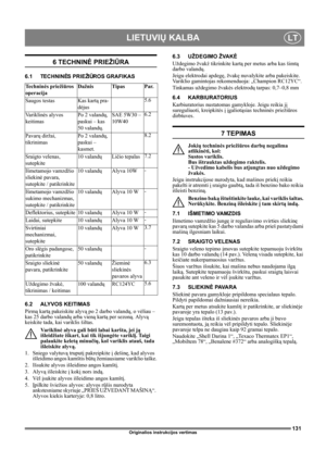 Page 131131
LIETUVIŲ KALBALT
Originalios instrukcijos vertimas
6 TECHNINĖ PRIEŽIŪRA
6.1 TECHNINĖS PRIEŽIŪROS GRAFIKAS
6.2 ALYVOS KEITIMAS
Pirmą kartą pakeiskite alyvą po 2 darbo valandų, o vėliau – 
kas 25 darbo valandų arba vieną kartą per sezoną. Alyvą 
keiskite tada, kai variklis šiltas.
Variklinė alyva gali būti labai karšta, jei ją 
išleidžiate iškart, kai tik išjungėte variklį. Taigi 
palaukite keletą minučių, kol variklis atauš, tada 
išleiskite alyvą.
1. Sniego valytuvą truputį pakreipkite į dešinę, kad...