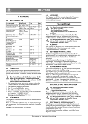 Page 3838
DEUTSCHDE
Übersetzung der Originalbetriebsanleitung
6 WARTUNG
6.1 WARTUNGSPLAN
6.2 ÖLWECHSEL
Das Öl zum ersten Mal nach 2 Betriebsstunden wechseln, 
dann alle 25 Betriebsstunden oder mindestens einmal pro 
Saison. Den Ölwechsel vornehmen, solange der Motor warm 
ist.
Das Motoröl kann sehr heiß sein, wenn es direkt 
nach der Benutzung der Maschine abgelassen 
wird. Daher den Motor vor dem Ablassen des Öls 
einige Minuten abkühlen lassen.
1.  Die Schneefräse etwas nach rechts neigen, so dass die...