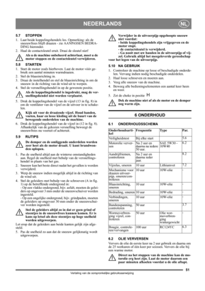 Page 5151
NEDERLANDSNL
Vertaling van de oorspronkelijke gebruiksaanwijzing
5.7 STOPPEN
1.  Laat beide koppelingshendels los. Opmerking: als de 
sneeuwfrees blijft draaien - zie AANPASSEN BEDRA-
DING hieronder.
2. Haal de contactsleutel eruit. Draai de sleutel niet!
Als u de machine onbeheerd achterlaat, moet u de 
motor stoppen en de contactsleutel verwijderen. 
5.8 STARTEN
1.  Start de motor zoals hierboven. Laat de motor vóór ge-
bruik een aantal minuten warmdraaien.
2.  Stel de blaasinrichting in.
3.  Draai...