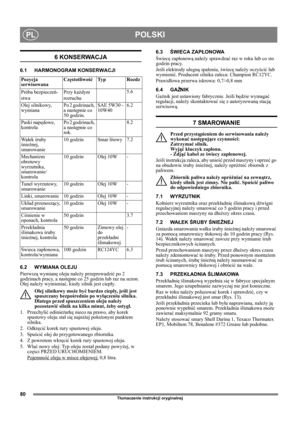 Page 8080
POLSKIPL
Tłumaczenie instrukcji oryginalnej
6 KONSERWACJA
6.1 HARMONOGRAM KONSERWACJI
6.2 WYMIANA OLEJU
Pierwszą wymianę oleju należy przeprowadzić po 2 
godzinach pracy, a następne co 25 godzin lub raz na sezon. 
Olej należy wymieniać, kiedy silnik jest ciepły.
Olej silnikowy może być bardzo ciepły,  j eśli jest 
spuszczany bezpośrednio po wyłączeniu silnika. 
Dlatego przed spuszczeniem oleju należy 
pozostawić silnik na kilka minut, żeby ostygł.
1. Przechylić odśnieżarkę nieco na prawo, aby korek...
