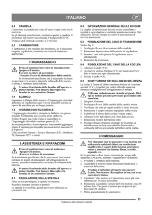 Page 5353
ITALIANOIT
Traduzione delle istruzioni originali
6.2 CANDELA
Controllare la candela una volta all’anno o ogni cento ore di 
esercizio.
Se gli elettrodi sono bruciati, sostituire o pulire la candela. Il 
produttore del motore raccomanda: Champion RC12YC.
Distanza dell’elettrodo corretta: 0,7/-0,8 mm 
6.3 CARBURATORE
Il carburatore è pre-regolato dal produttore. Se è necessario 
eseguire regolazioni, contattare un centro di assistenza 
autorizzato. 
7 INGRASSAGGIO
Prima di qualsiasi intervento di...