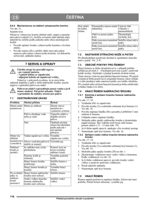 Page 116116
ČEŠTINACS
Překlad původního návodu k používání
6.6.4 Mechanismus na otáčení vyhazovacího komínu 
Viz obr. 21.
Sejměte kryt.
Pokud se vyhazovací komín obtížně otáčí, nejprve namažte 
převodové soukolí (A). Jestliže se komín stále obtížně otáčí, 
náležitě ho seřiďte podle jednoho nebo obou následujících 
kroků:
• Povolte upínací šrouby vyhazovacího komínu o čtvrtinu 
otáčky.
• Povolte matice (B) a seřiďte záběr mezi převodem 
motoru a převodem vyhazovacího komínu. Až dokončíte 
seřizování, utáhněte...