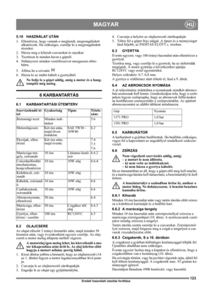 Page 123123
MAGYARHU
Eredeti használati utasítás fordítása
5.10 HASZNÁLAT UTÁN
1. Ellenőrizze, hogy vannak-e meglazult, megrongálódott 
alkatrészek. Ha szükséges, cserélje ki a megrongálódott 
részeket.
2.  Húzza meg a kilazult csavarokat és anyákat.
3.  Tisztítson le minden havat a gépről.
4. Néhányszor minden vezérlőszervet mozgasson előre-
hátra.
5.  Állítsa be a szivatót.   
6.  Húzza ki az indító kábelt a gyertyából.
Ne fedje le a gépet addig, amíg a motor és a hang-
tompító még meleg.
6 KARBANTARTÁS
6.1...