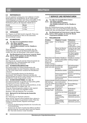 Page 4444
DEUTSCHDE
Übersetzung der Originalbetriebsanleitung
6.4 REIFENDRUCK
Für eine optimale Leistung muss der Luftdruck in beiden 
Reifen gleich sein. Kontrollieren, ob die Ventile gegen 
Verunreinigungen geschützt sind. Dazu sicherstellen, ob die 
Schutzabdeckungen angebracht sind. Der empfohlene 
Reifendruck geht aus der folgenden Tabelle hervor.
6.5 VERGASER
Der Vergaser ist ab Werk korrekt eingestellt. Wenn eine 
Justierung erforderlich ist, bitte an eine autorisierte 
Servicewerkstatt wenden. 
6.6...