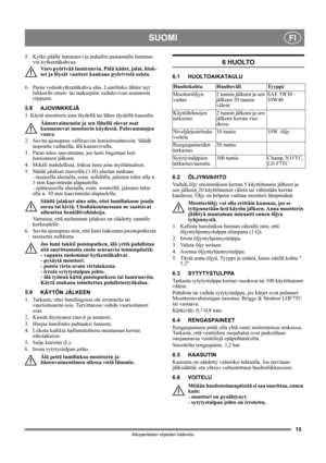 Page 1515
SUOMIFI
Alkuperäisten ohjeiden käännös
5.  Kytke päälle lumiruuvi ja puhallin painamalla lumiruu-
vin kytkentäkahvaa.
Varo pyörivää lumiruuvia. Pidä kädet, jalat, hiuk-
set ja löysät vaatteet kaukana pyörivistä osista.
6.  Paina vedonkytkentäkahva alas. Lumilinko lähtee nyt 
liikkeelle eteen- tai taaksepäin vaihdevivun asennosta 
riippuen.
5.8 AJOVINKKEJÄ
1. Käytä moottoria aina täydellä tai lähes täydellä kaasulla.
Äänenvaimennin ja sen lähellä olevat osat 
kuumenevat moottorin käydessä. Palovammojen...
