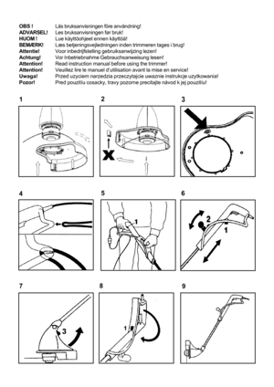 Page 2
3
6
45
1 2
OBS !
Läs bruksanvisningen före användning!
ADVARSEL! Les bruksanvisningen før bruk!
HUOM ! Lue käyttöohjeet ennen käyttöä!
BEMÆRK! Læs betjeningsvejledningen inden trimmeren tages i brug!
Attentie! Voor inbedrijfstelling gebruiksanwijzing lezen!
Achtung! Vor Inbetriebnahme Gebrauchsanweisung lesen!
Attention! Read instruction manual before using the trimmer!
Attention! Veuillez lire le manuel d’utilisation avant la mise en service!
Uwaga! Przed uzyciem narzedzia przeczytajcie uwaznie...