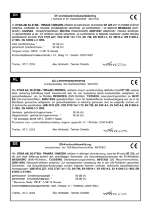 Page 8
EF-overebsstennekseserjkæering
i henhold til EF-maskinforskrift  98/37/EG
Vi,  STIGA AB, SE-57328 - TRANÅS / SWEDEN,  erklærer på eget ansvar, at produkter ST 320 som er omfattet af denne
erklæring, overholder de relevante grundlæggende sikkerheds- og su\
ndhedskrav i EF-direktiver  89/336/CEE (EMV-
directiv) , 73/23/CEE   (lavspæningsretlinier),  98/37/EG (maskinforskrift) , 2000/14/EF (støjdirektiv) inklusive ændringer.
Til gennemførelse af de i EF-direktivet nævnte sikkerheds- og sund\
hedskrav er...