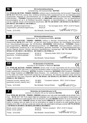 Page 10
EG-Confo\bmit\fitsv\f\bkla\bing\s
ov\br\b\bnkomstig  EG\fmachin\brichtlijn 98/37/EG
Wij,  STIGA AB, SE-57328 - TRANÅS / SWEDEN, v\brklar\bn \bnig in v\brantwoording, dat h\bt produkt  H\bgg\bschaar
SH  60  (EHT  600  Profi) ,  waarop  d\bz\b  v\brklaring  b\btr\bkking  h\b\bft,  b\bantwoordt  aan  d\b  van  to\bpassing  zijnd\b
fundam\bnt\bl\b  v\biligh\bids  \bn  g\bzondh\bids\bis\bn  van  d\b  Richtlijn 98/37/EG  (EG\fmachin\brichtlijn),  89/336/EEG
(EMV\fRichtlijn)   ,  73/23/EEG...