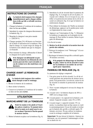 Page 55
FRANÇAISFR
CHARGE AVANT LE REMISAGE
D’HIVER
La batterie doit toujours être entière-
ment chargée avant le remisage.
1. Retirer la batterie de la tondeuse.
2. Bien sécher la batterie.
3. Conserverlabatterieàl’extérieurdelatondeu-
se dans un lieusec et frais.
UTILISATION
MARCHE/ARRET DE LA TONDEUSE
Tenir les mains et les pieds à l’écart
despiècesrotatives.Nejamaisintro-
duire la main ou le pied sous le car-
ter ou dans l’éjecteur d’herbe quand
le moteur tourne.
1. Mettre la batterie en place sur la...