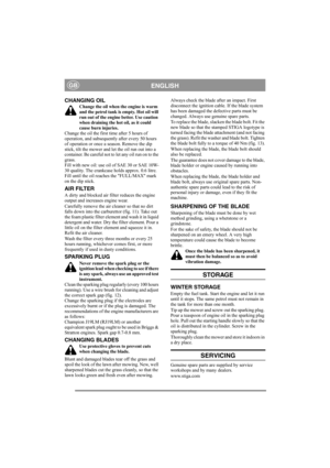 Page 6
ENGLISHGB
CHANGING OIL
Change the oil when the engine is warm 
and the petrol tank is empty. Hot oil will 
run out of the engine better. Use caution 
when draining the hot oil, as it could 
cause burn injuries.
Change the oil the first time after 5 hours of 
operation, and subsequently after every 50 hours 
of operation or once a season. Remove the dip 
stick, tilt the mower and let the oil run out into a 
container. Be careful not to let any oil run on to the 
grass.
Fill with new oil: use  oil of SAE...