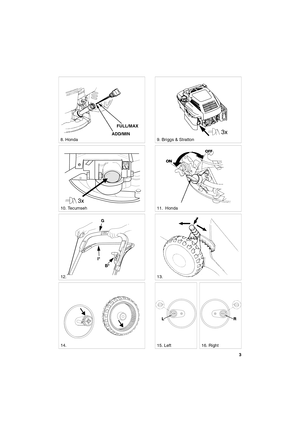 Page 33
SVENSKAS
3x
12. 
8. Honda9. Briggs & Stratton 
10. Tecumseh
13. 
11.  Honda FULL/MAX
ADD/MIN
I*
B* G
15. Left16. Right14.  