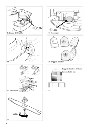 Page 34
SVENSKA S
0,75 mm
3x
3x
10. Tecumseh
14.
9. Briggs & Stratton
12. Briggs & Stratton
13. Tecumseh
15.
11 .
Briggs & Stratton : 0,76 mm
Tecumseh: 0,6 mm
A
D
C
E
40 Nm
1 2
3 