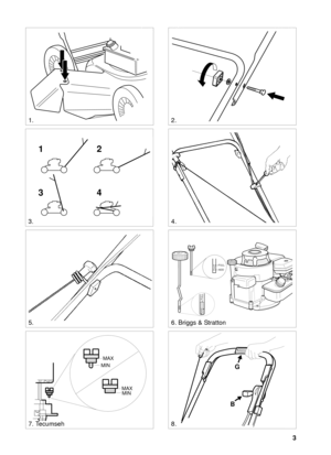 Page 23
SVENSKAS
MAX
MIN
MAX
MIN
12
34
7. Tecumseh8.
2.
4.
ADD
FULL
FULL
ADD
6. Briggs & Stratton
STOP
G
B
3.
5.
1. 