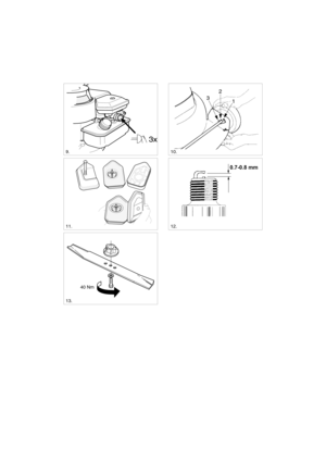 Page 3
SVENSKAS
1
2
3
3x
10.9.
12.
13.
11.
40 Nm
0.7-0.8 mm 